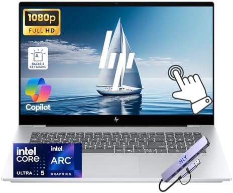 HP OmniBook, 17.3″ FHD Touch Screen Business Laptop Computer, 8-Core Intel Core Ultra 5 226V, Windows 11 Home, Backlit Keyboard, Numeric Keypad, Docking Station, Glacier Silver (16GB RAM | 1TB SSD)