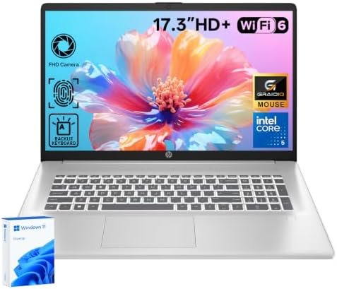 HP Essential 17.3″ HD+ Touchscreen Intel 5 120U Laptop, 16GB DDR4 + 512GB | Full-size Backlit Keyboard, Wi-Fi 6, Fingerprint Reader, Privacy Shutter Camera, Bluetooth, Dual Speaker, Win 11 Home,Silver